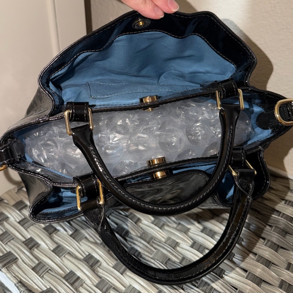 Dooney & Bourke Black Patent Leather Shoulder/Crossbody Satchel with Blue Lining - Picture 3 of 16